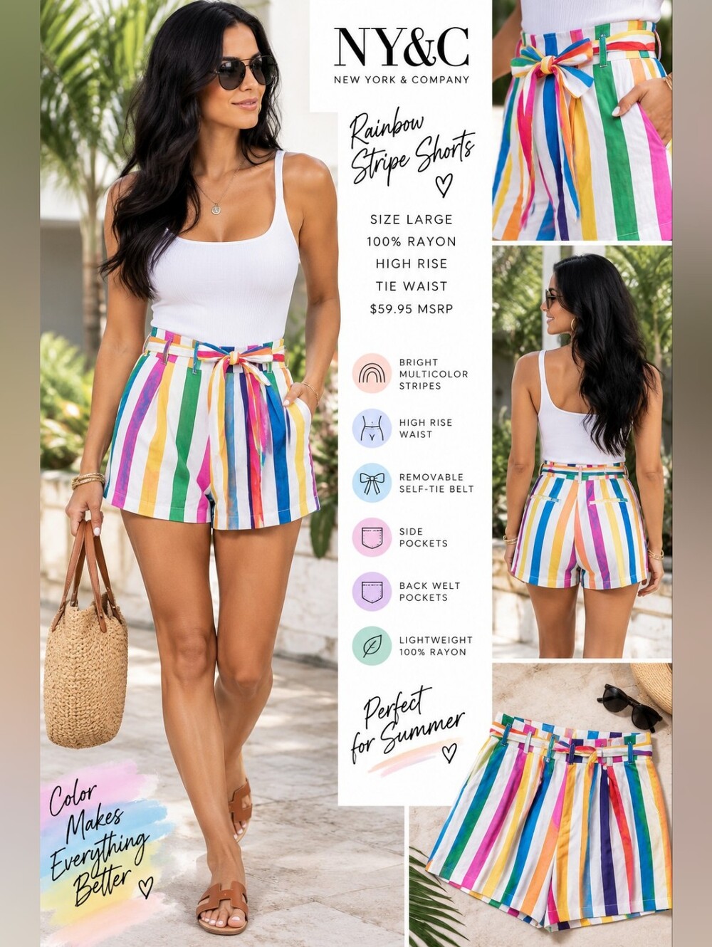 NWT NY&C Rainbow Stripe High Rise Tie Waist Shorts Large
